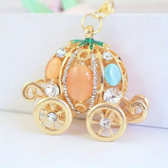 Accessories - Rhinestone Pumpkin Carriage Keychain / Bag Charm - Peachy Orange
